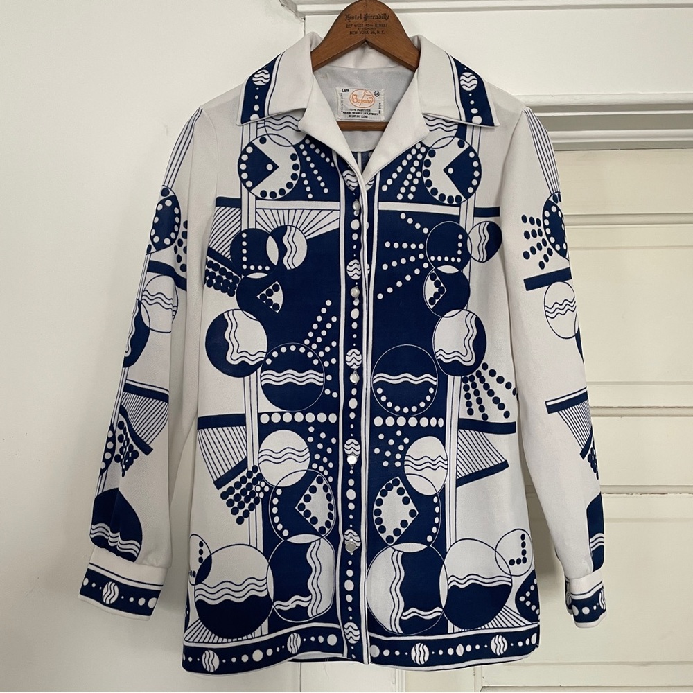 Vintage 1970s 70s Polyester Shirt Geometric Abstract Print